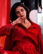 Fierce Actress Malavika Mohanan in a Red Silk Shirt Dress Photos 01