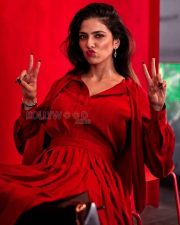 Fierce Actress Malavika Mohanan in a Red Silk Shirt Dress Photos 02