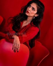 Fierce Actress Malavika Mohanan in a Red Silk Shirt Dress Photos 04