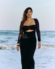 Fierce Actress Yashika Aannand in a Black Mesh Long Sleeve Cutout Maxi Dress Photos 03