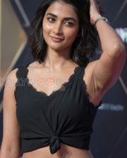 Fresh Actress Pooja Hegde in a Black Lace Trim Satin Slip Dress Photos 02
