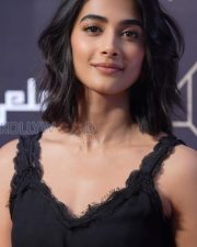 Fresh Actress Pooja Hegde in a Black Lace Trim Satin Slip Dress Photos 03