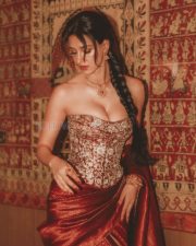 Glam Actress Disha Patani in a Bronze and Maroon Corset Blouse with a Maroon Kanchipuram Silk Saree Photos 03