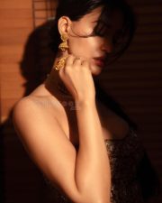 Glam Actress Disha Patani in a Bronze and Maroon Corset Blouse with a Maroon Kanchipuram Silk Saree Photos 05