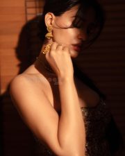 Glam Actress Disha Patani in a Bronze and Maroon Corset Blouse with a Maroon Kanchipuram Silk Saree Photos 05