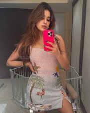 Glam Janhvi Kapoor Mirro Selfie in a Clio Peppiatt Retro Pink Miami Mini Dress Photos 01