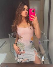 Glam Janhvi Kapoor Mirro Selfie in a Clio Peppiatt Retro Pink Miami Mini Dress Photos 02