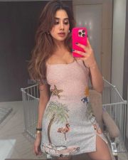 Glam Janhvi Kapoor Mirro Selfie in a Clio Peppiatt Retro Pink Miami Mini Dress Photos 03