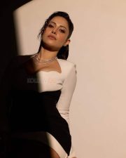 Glamorous Nushratt Bharucha Cleavage in a Black White Sweetheart Corset Dress Photos 03