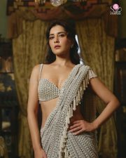 Glamorous Raashi Khanna in a Powder Grey Chandelier Pearl Drop Saree with a Sleeveless Bralette Blouse Pictures 02