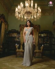 Glamorous Raashi Khanna in a Powder Grey Chandelier Pearl Drop Saree with a Sleeveless Bralette Blouse Pictures 03