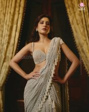 Glamorous Raashi Khanna in a Powder Grey Chandelier Pearl Drop Saree with a Sleeveless Bralette Blouse Pictures 04