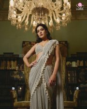 Glamorous Raashi Khanna in a Powder Grey Chandelier Pearl Drop Saree with a Sleeveless Bralette Blouse Pictures 05