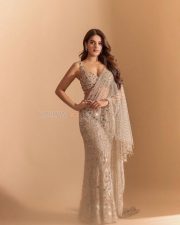 Glittering Heroine Nidhhi Agerwal in an Embellished Pre Draped Saree with a Sleeveless Deep V Neck Bralette Blouse Photos 04