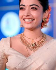 Glowing Actress Rashmika Mandanna in a Cream Silk Saree With Green Border Photos 03