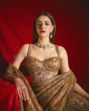 Gorgeous Ananya Panday in a Golden Saree with a Corset Style Blouse Pictures 01