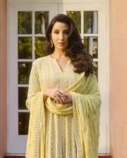 Gorgeous Nora Fatehi in a Yellow Embroidered Anarakli Suit Photos 01