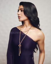Gorgeous Samantha in a Purple One Shoulder Dress with a Long Gold Necklace Photos 01