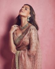 Gorgeous Tara Sutaria in a Peach Pink Embroidered Saree with Embellished Blouse Photos 02