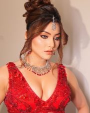 Gorgeous Urvashi Rautela in a Red Embellished Lehenga style Crop Top and Skirt Photos 02