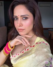 Graceful Actress Nushratt Bharucha in a Yellow Floral Embroidered Saree Photos 02