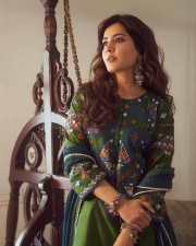 Graceful Actress Raashi Khanna in a Green And Blue Printed Embroidered Anarkali Kurta Set Photos 01