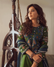 Graceful Actress Raashi Khanna in a Green And Blue Printed Embroidered Anarkali Kurta Set Photos 01