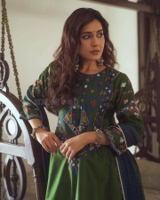 Graceful Actress Raashi Khanna in a Green And Blue Printed Embroidered Anarkali Kurta Set Photos 02