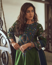 Graceful Actress Raashi Khanna in a Green And Blue Printed Embroidered Anarkali Kurta Set Photos 02