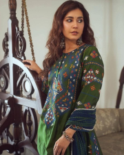 Graceful Actress Raashi Khanna in a Green And Blue Printed Embroidered Anarkali Kurta Set Photos 03