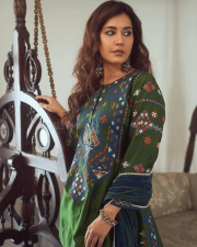 Graceful Actress Raashi Khanna in a Green And Blue Printed Embroidered Anarkali Kurta Set Photos 03
