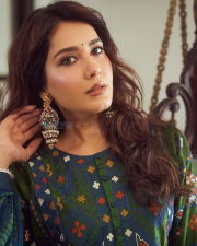 Graceful Actress Raashi Khanna in a Green And Blue Printed Embroidered Anarkali Kurta Set Photos 04