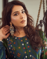 Graceful Actress Raashi Khanna in a Green And Blue Printed Embroidered Anarkali Kurta Set Photos 04