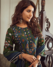 Graceful Actress Raashi Khanna in a Green And Blue Printed Embroidered Anarkali Kurta Set Photos 05