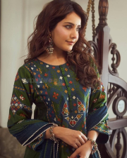 Graceful Actress Raashi Khanna in a Green And Blue Printed Embroidered Anarkali Kurta Set Photos 05