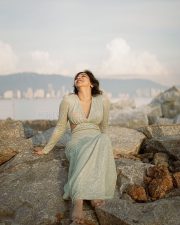 Graceful Beauty Madonna Sebastian in a Metallic V Neck Dress with Long Sleeves Pictures 04