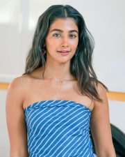 Hai Jawani Toh Ishq Hona Hai Actress Pooja Hegde in a Blue Striped Strapless Dress Photos 01