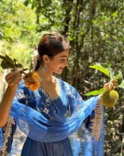 Heroine Pooja Hegde in a Blue Embroidered Anarkali Set Photos 02