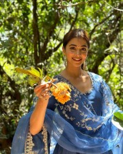 Heroine Pooja Hegde in a Blue Embroidered Anarkali Set Photos 03