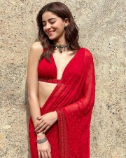 Hot Ananya Panday in a Red Saree and Showing Cleavage Photos 02