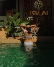 Hot Anikha Surendran Ass in a Two Piece Blue and White Striped Bikini Photos 01