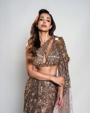 Hot Bollywood Dancer Malaika Arora in a Gold Embellished Lehenga with an One Shoulder Cutout Blouse and Long Skirt Pictures 02