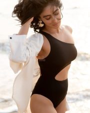 Hot Deepti Sati in a Black One Shoulder Front Cut Out Monokini Swimsuit Pictures 02