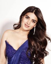 Hot Glam Nidhhi Agerwal in a Blue Saree with a Strapless Sleeveless Corset Style Blouse Photos 02