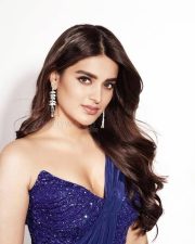Hot Glam Nidhhi Agerwal in a Blue Saree with a Strapless Sleeveless Corset Style Blouse Photos 03