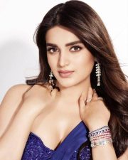 Hot Glam Nidhhi Agerwal in a Blue Saree with a Strapless Sleeveless Corset Style Blouse Photos 04