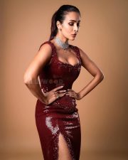 Hot Malaika Arora in a Sequined Maroon Bodycon Maxi Dress with a Thigh Slit Photos 04