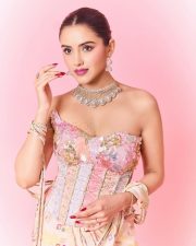 Hot Malvika Sharma in a Pastel Pink Sequined Embroidered Corset Top with Floral Embellishments and Pre Draped Saree Pictures 06