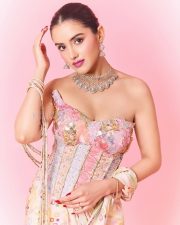 Hot Malvika Sharma in a Pastel Pink Sequined Embroidered Corset Top with Floral Embellishments and Pre Draped Saree Pictures 07