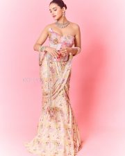 Hot Malvika Sharma in a Pastel Pink Sequined Embroidered Corset Top with Floral Embellishments and Pre Draped Saree Pictures 08